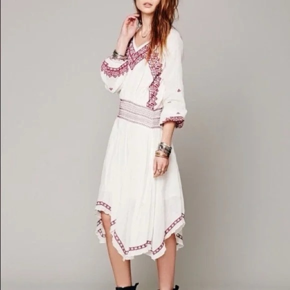 Free People Neo Folk Embroidered boho midi Dress elastic waist 33967 - Picture 2 of 15